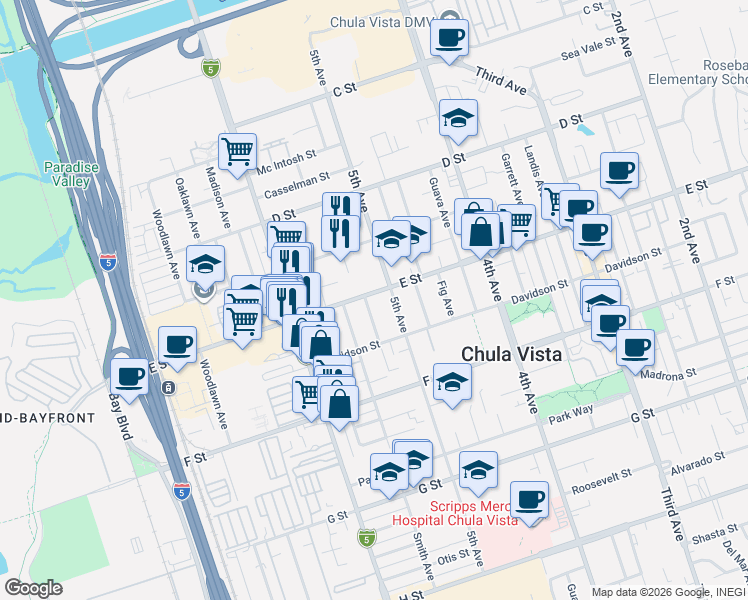 map of restaurants, bars, coffee shops, grocery stores, and more near 221 Cedar Avenue in Chula Vista