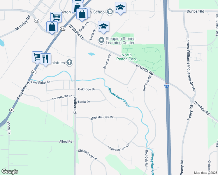map of restaurants, bars, coffee shops, grocery stores, and more near 1017 Oakridge Drive in Byron