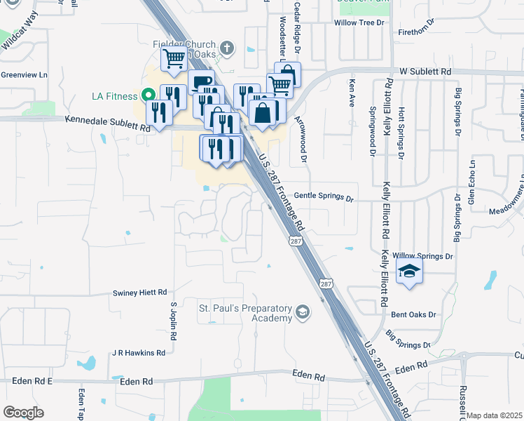map of restaurants, bars, coffee shops, grocery stores, and more near 6608 U.S. 287 Frontage Road in Arlington