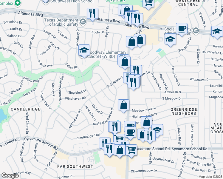 map of restaurants, bars, coffee shops, grocery stores, and more near 3617 Woodmoor Road in Fort Worth