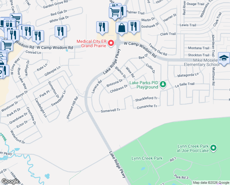 map of restaurants, bars, coffee shops, grocery stores, and more near 5440 Childress Drive in Grand Prairie