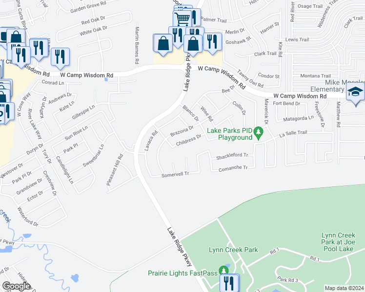 map of restaurants, bars, coffee shops, grocery stores, and more near 5440 Childress Drive in Grand Prairie