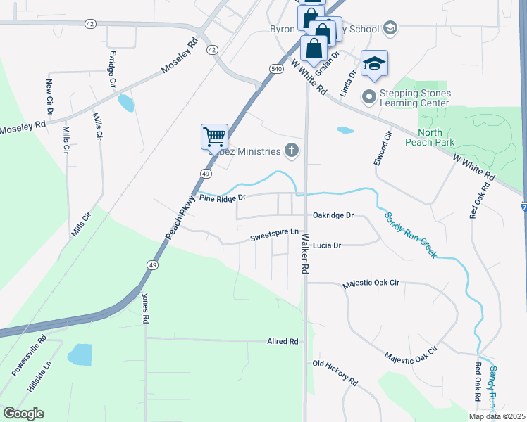 map of restaurants, bars, coffee shops, grocery stores, and more near 210 Oakridge Drive in Byron