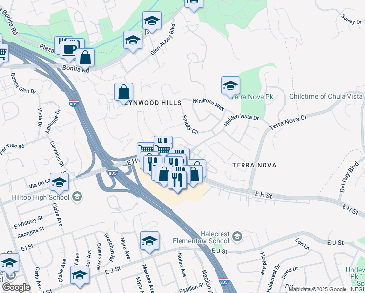 map of restaurants, bars, coffee shops, grocery stores, and more near 319 Windjammer Circle in Chula Vista
