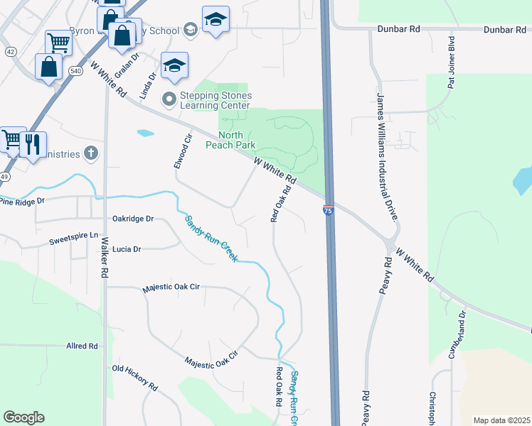 map of restaurants, bars, coffee shops, grocery stores, and more near 258 Red Oak Road in Byron