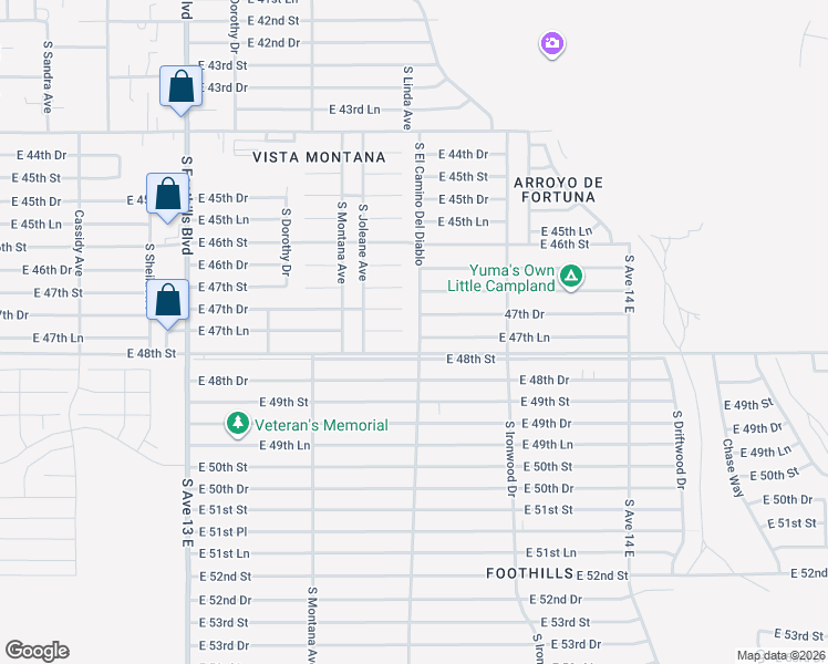 map of restaurants, bars, coffee shops, grocery stores, and more near 13545 East 47th Lane in Yuma