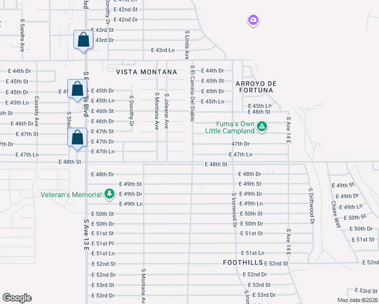 map of restaurants, bars, coffee shops, grocery stores, and more near 13545 East 47th Lane in Yuma