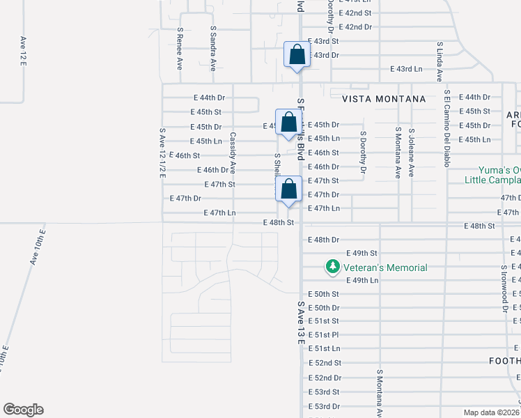 map of restaurants, bars, coffee shops, grocery stores, and more near 12771 East 47th Lane in Yuma