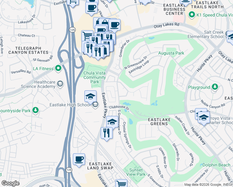 map of restaurants, bars, coffee shops, grocery stores, and more near 2283 Hilton Head Road in Chula Vista