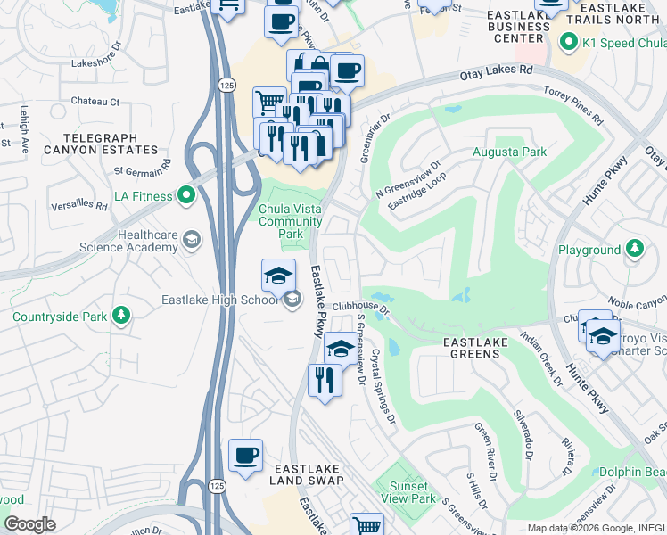 map of restaurants, bars, coffee shops, grocery stores, and more near 1092 Forest Lake Drive in Chula Vista