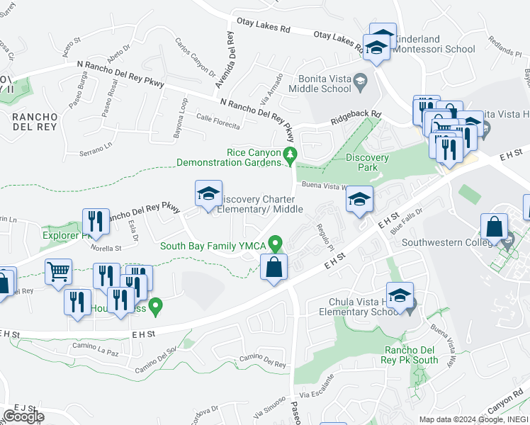 map of restaurants, bars, coffee shops, grocery stores, and more near 1186 Camino Biscay in Chula Vista