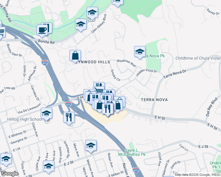 map of restaurants, bars, coffee shops, grocery stores, and more near 319 Windjammer Circle in Chula Vista