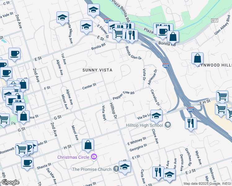 map of restaurants, bars, coffee shops, grocery stores, and more near 7 Cresta Way in Chula Vista