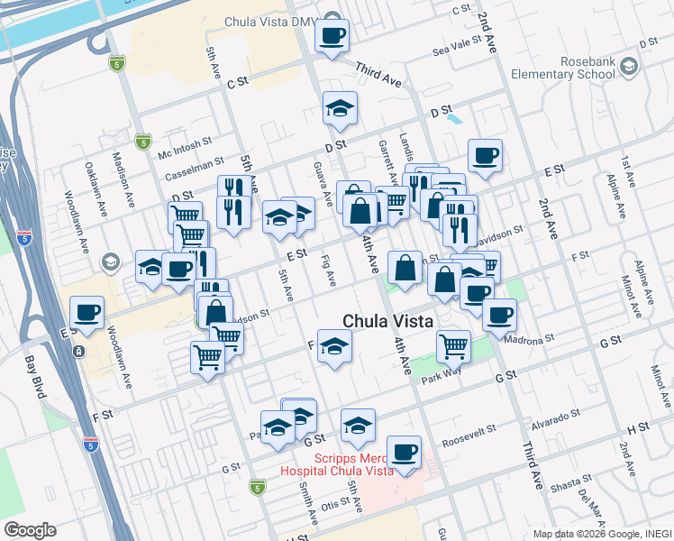 map of restaurants, bars, coffee shops, grocery stores, and more near 244 Fig Avenue in Chula Vista
