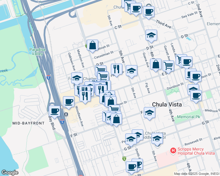 map of restaurants, bars, coffee shops, grocery stores, and more near in Chula Vista