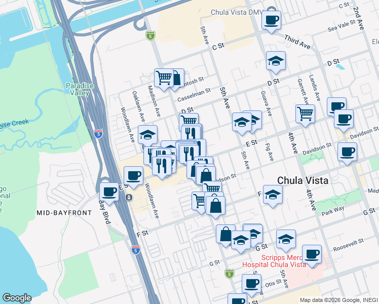 map of restaurants, bars, coffee shops, grocery stores, and more near in Chula Vista