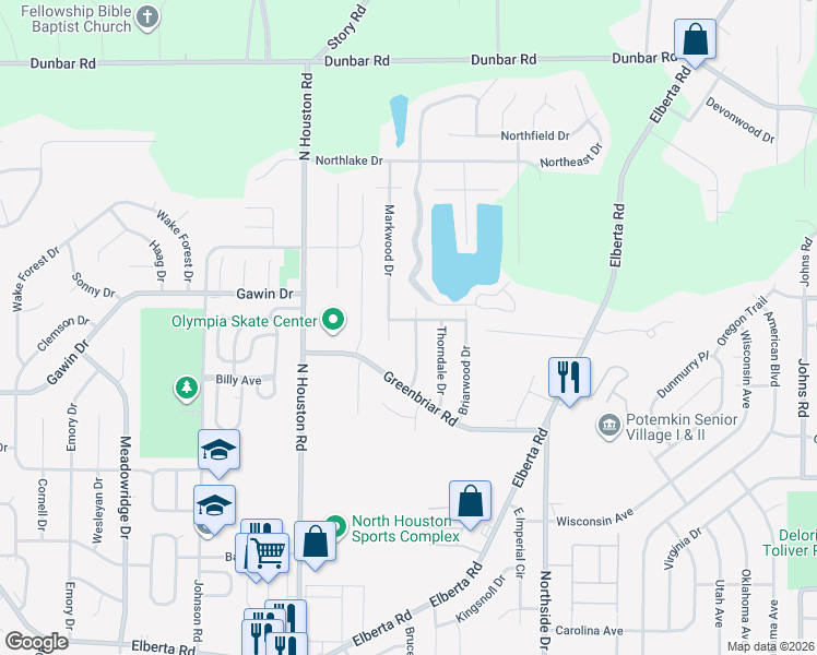 map of restaurants, bars, coffee shops, grocery stores, and more near 112 Lockwood Drive in Warner Robins