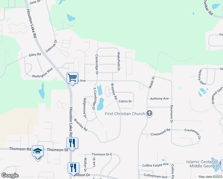 map of restaurants, bars, coffee shops, grocery stores, and more near 219-299 Brantley Road in Warner Robins