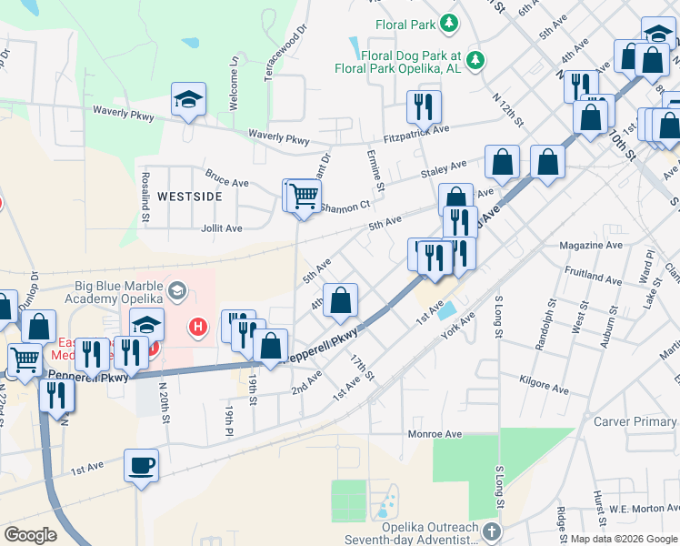 map of restaurants, bars, coffee shops, grocery stores, and more near 1601-1605 4th Avenue in Opelika