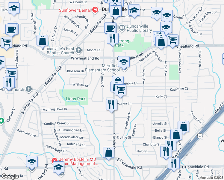 map of restaurants, bars, coffee shops, grocery stores, and more near 113 Oak Village Circle in Duncanville