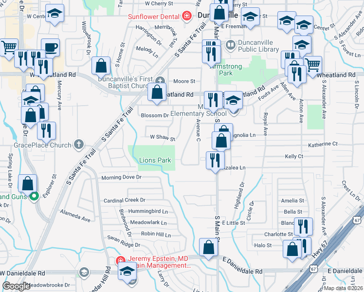 map of restaurants, bars, coffee shops, grocery stores, and more near 1031 Southloop Drive in Duncanville