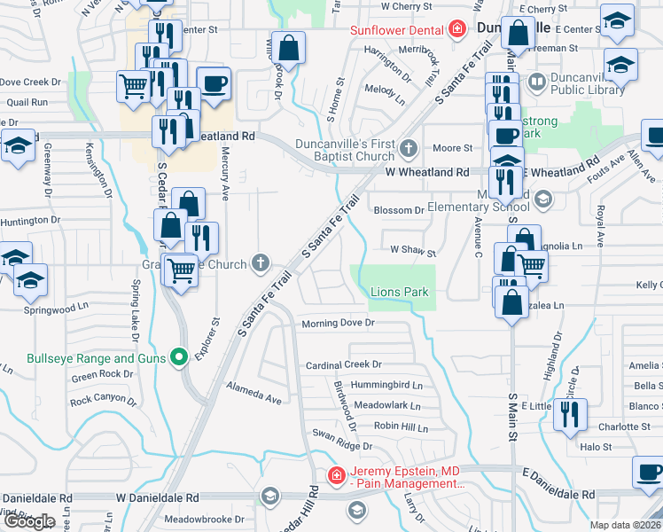 map of restaurants, bars, coffee shops, grocery stores, and more near 1010 Sagebrush Trail in Duncanville