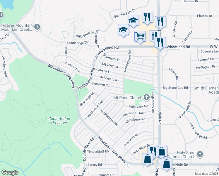 map of restaurants, bars, coffee shops, grocery stores, and more near 7127 Long Canyon Trail in Dallas