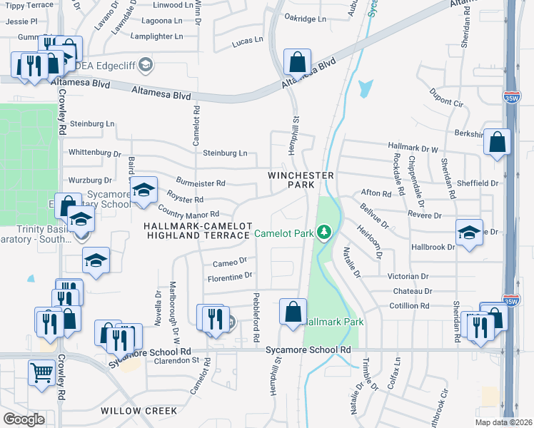 map of restaurants, bars, coffee shops, grocery stores, and more near 1201 Marlborough Drive in Fort Worth