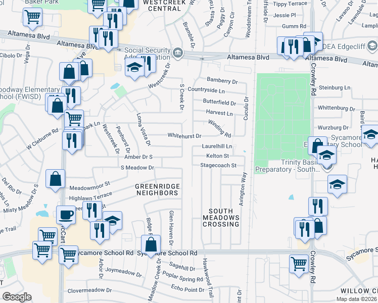 map of restaurants, bars, coffee shops, grocery stores, and more near 6928 Laurelhill Court North in Fort Worth
