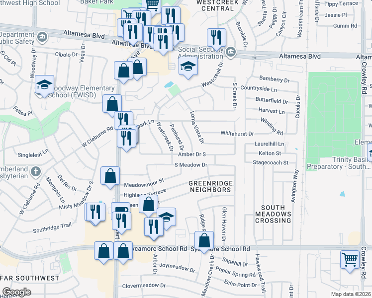 map of restaurants, bars, coffee shops, grocery stores, and more near 2905 Amber Drive South in Fort Worth
