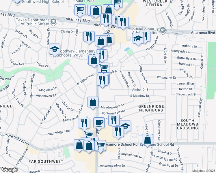 map of restaurants, bars, coffee shops, grocery stores, and more near 6916 Amber Drive in Fort Worth