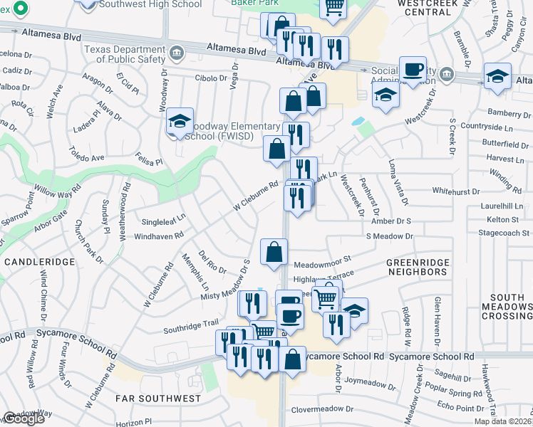 map of restaurants, bars, coffee shops, grocery stores, and more near 6925 Misty Meadow Drive South in Fort Worth