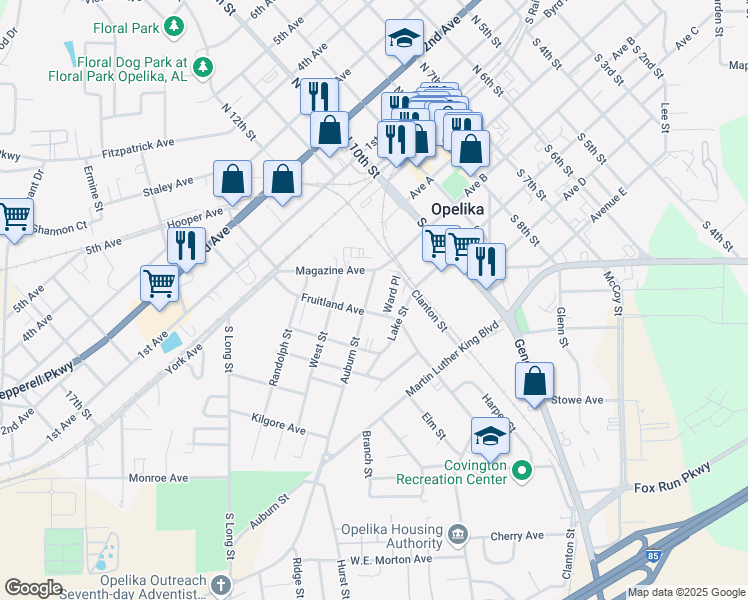 map of restaurants, bars, coffee shops, grocery stores, and more near 1011 Auburn Street in Opelika