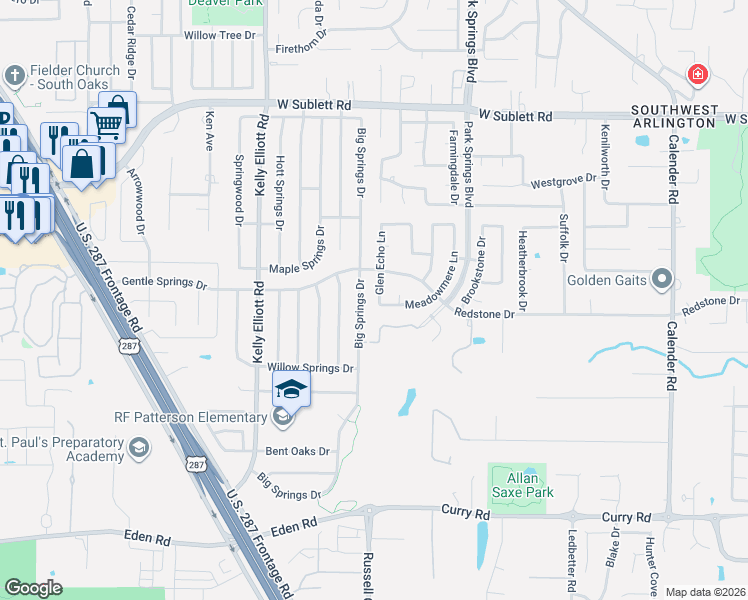 map of restaurants, bars, coffee shops, grocery stores, and more near 6319 Big Springs Drive in Arlington