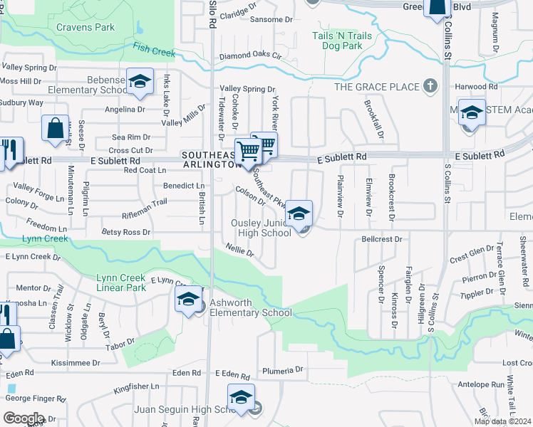 map of restaurants, bars, coffee shops, grocery stores, and more near 6409 Juliette Run in Arlington