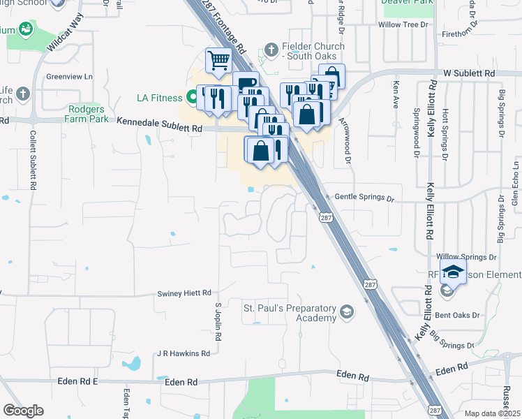 map of restaurants, bars, coffee shops, grocery stores, and more near 6520 Falcon River Way in Arlington