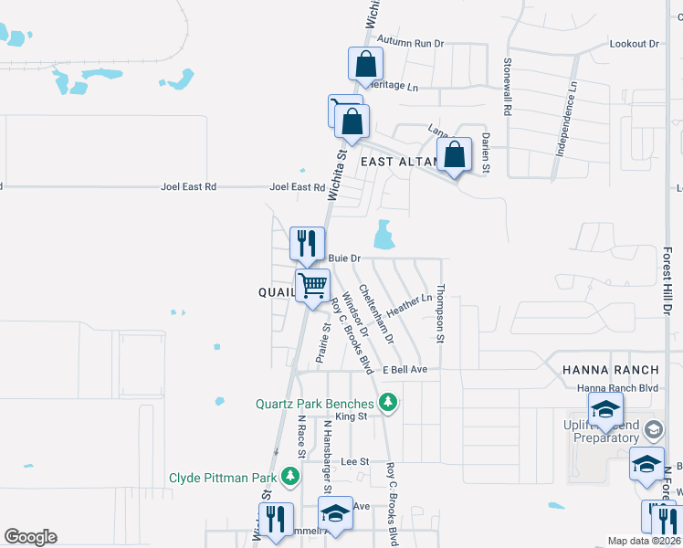 map of restaurants, bars, coffee shops, grocery stores, and more near 733 Windsor Drive in Fort Worth