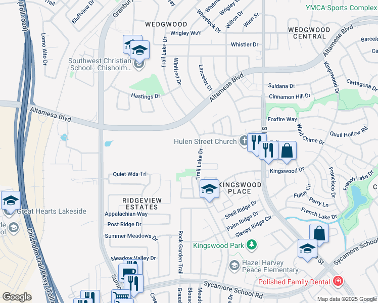 map of restaurants, bars, coffee shops, grocery stores, and more near 7100 Trail Lake Drive in Fort Worth