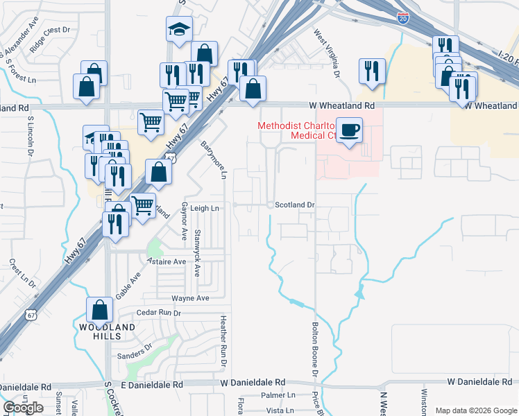 map of restaurants, bars, coffee shops, grocery stores, and more near 1020 Scotland Drive in DeSoto