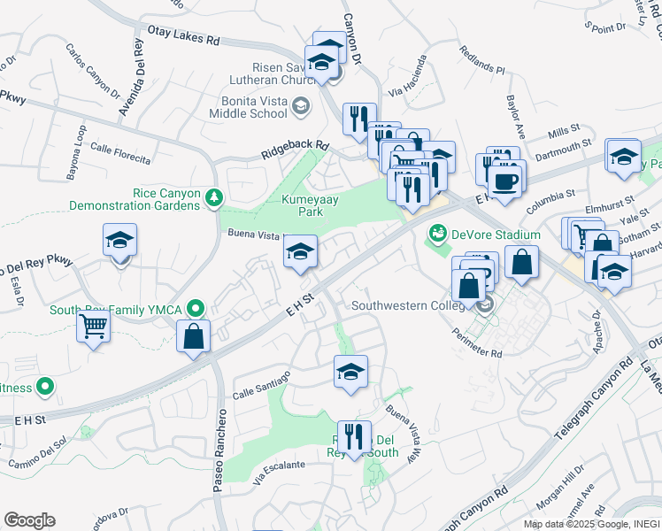 map of restaurants, bars, coffee shops, grocery stores, and more near 1386 Serena Circle in Chula Vista