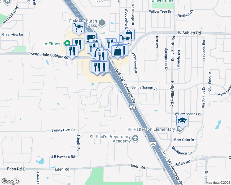 map of restaurants, bars, coffee shops, grocery stores, and more near 6608 U.S. 287 Frontage Road in Arlington