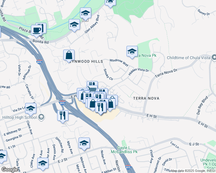 map of restaurants, bars, coffee shops, grocery stores, and more near 331 Windjammer Circle in Chula Vista