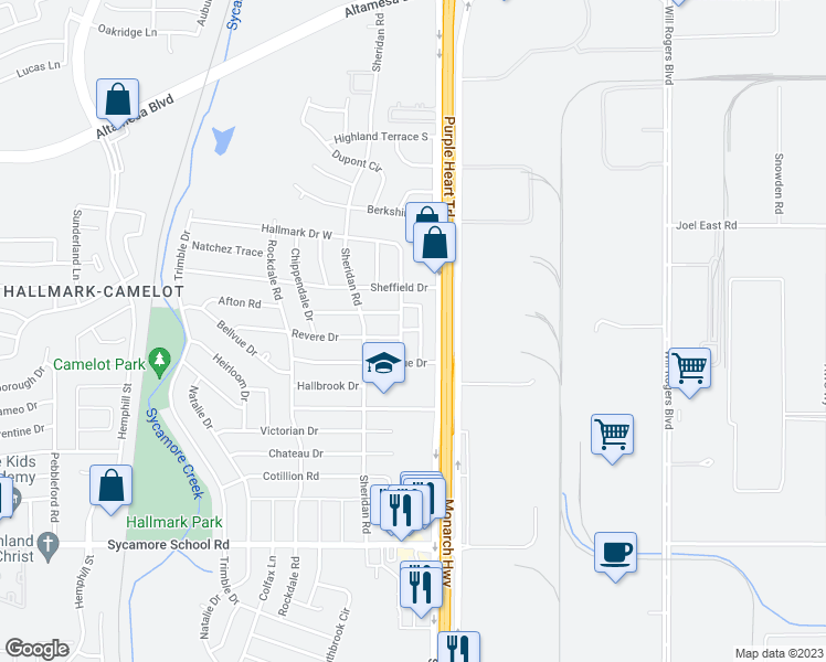 map of restaurants, bars, coffee shops, grocery stores, and more near 7113 Hallmark Drive South in Fort Worth