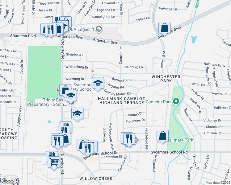 map of restaurants, bars, coffee shops, grocery stores, and more near 1408 Andante Drive in Fort Worth
