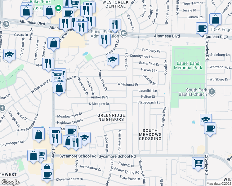 map of restaurants, bars, coffee shops, grocery stores, and more near 2713 Amber Drive South in Fort Worth