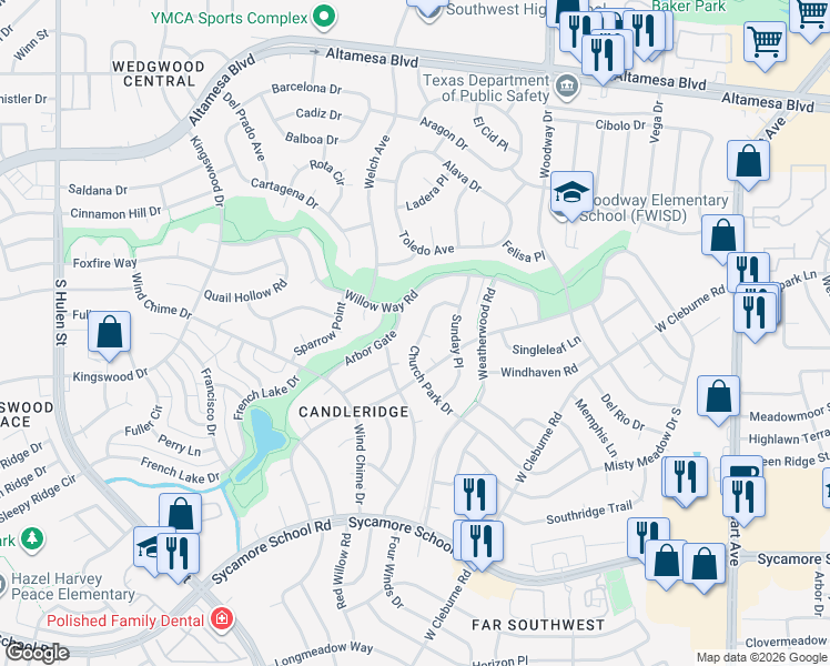 map of restaurants, bars, coffee shops, grocery stores, and more near 4108 Misty Meadow Drive in Fort Worth
