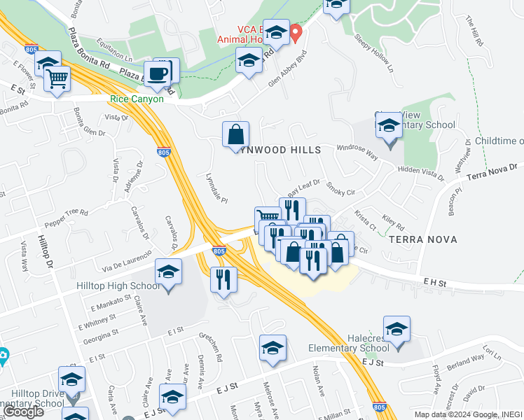 map of restaurants, bars, coffee shops, grocery stores, and more near 354 Bay Leaf Drive in Chula Vista
