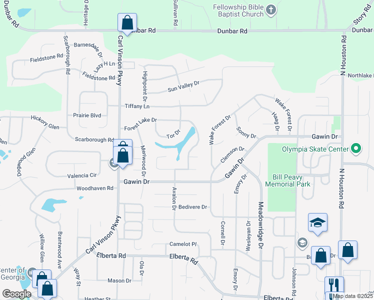 map of restaurants, bars, coffee shops, grocery stores, and more near 403 Forest Lake Drive in Warner Robins