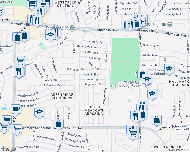 map of restaurants, bars, coffee shops, grocery stores, and more near 2535 Winding Road in Fort Worth