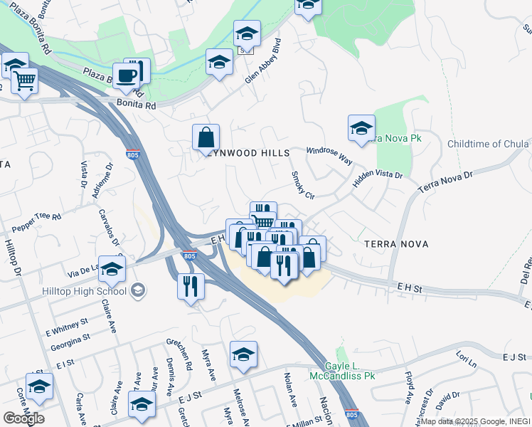 map of restaurants, bars, coffee shops, grocery stores, and more near 340 Windjammer Circle in Chula Vista